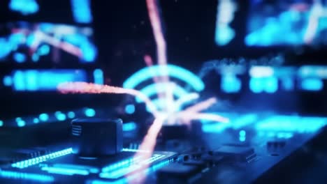 captivating visuals of modern technology: a glimpse into the intricate design of a circuit board with dynamic signal waves and vibrant colors
