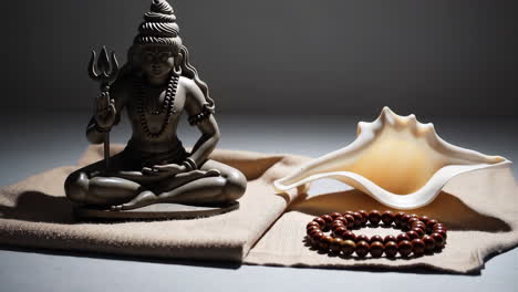 shiva statue, conch shell, and prayer beads