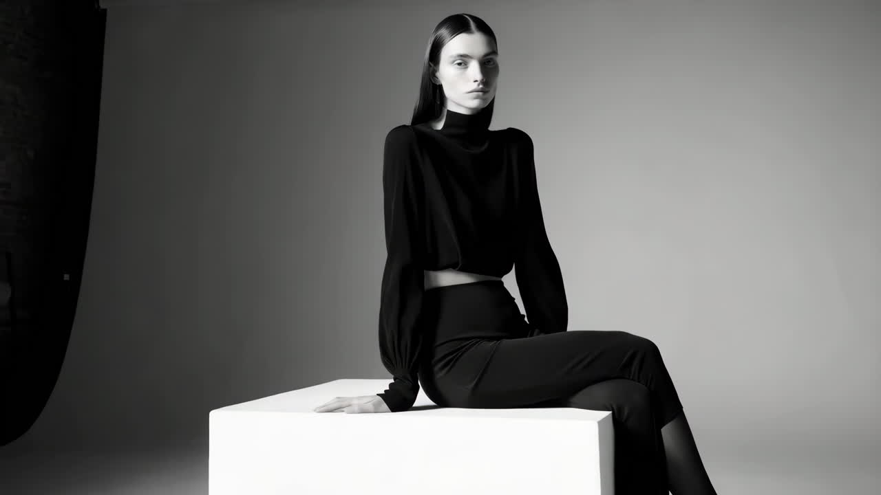 Monochrome Studio Portrait of a Woman in Black Fashion