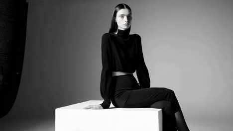 monochrome studio portrait of a woman in black fashion