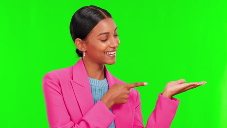 Pointing,-show-and-palm-of-woman-on-green-screen