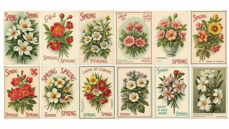 beautiful collection of vintage spring flower illustrations featuring a variety of floral arrangements and bold handwritten titles evoking seasonal charm