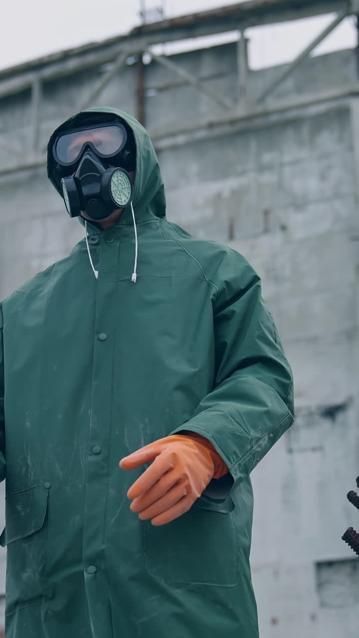 Man wearing hazmat suit in polluted zone. Worker in protective suit, mask and gloves in abandoned place with biological attack threat. Vertical video