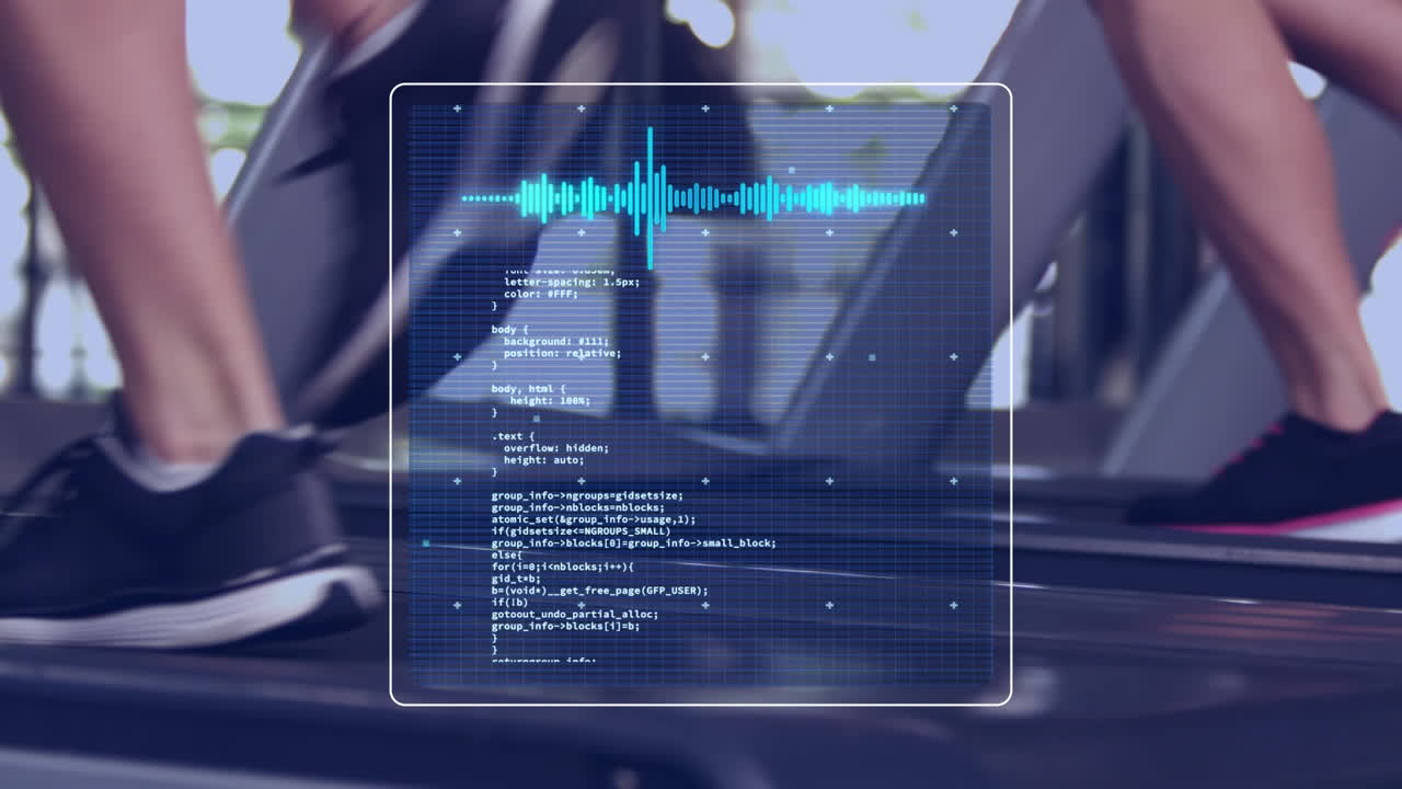 트레드밀에서 달리는 여성, 체육관에서 운동하는 여성에 대한 데이터 처리의 애니메이션