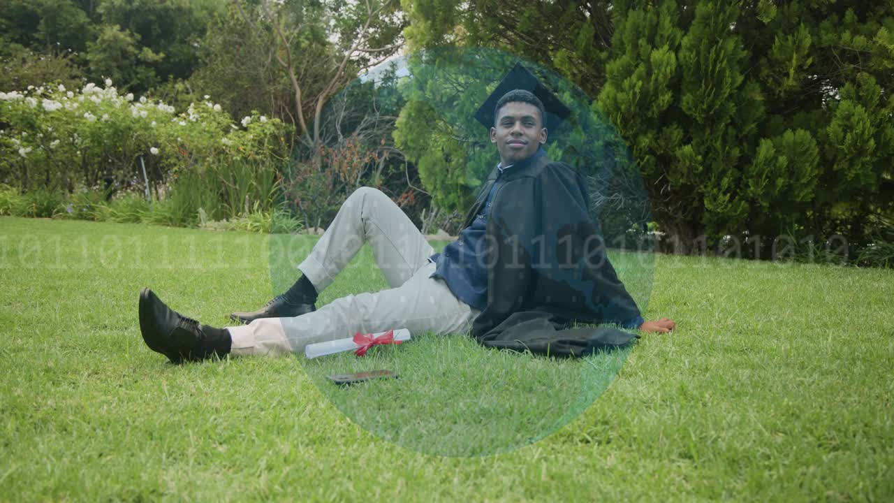 Education hologram UI appearing causing grad reclining with diploma shifting gaze to phone, smiling