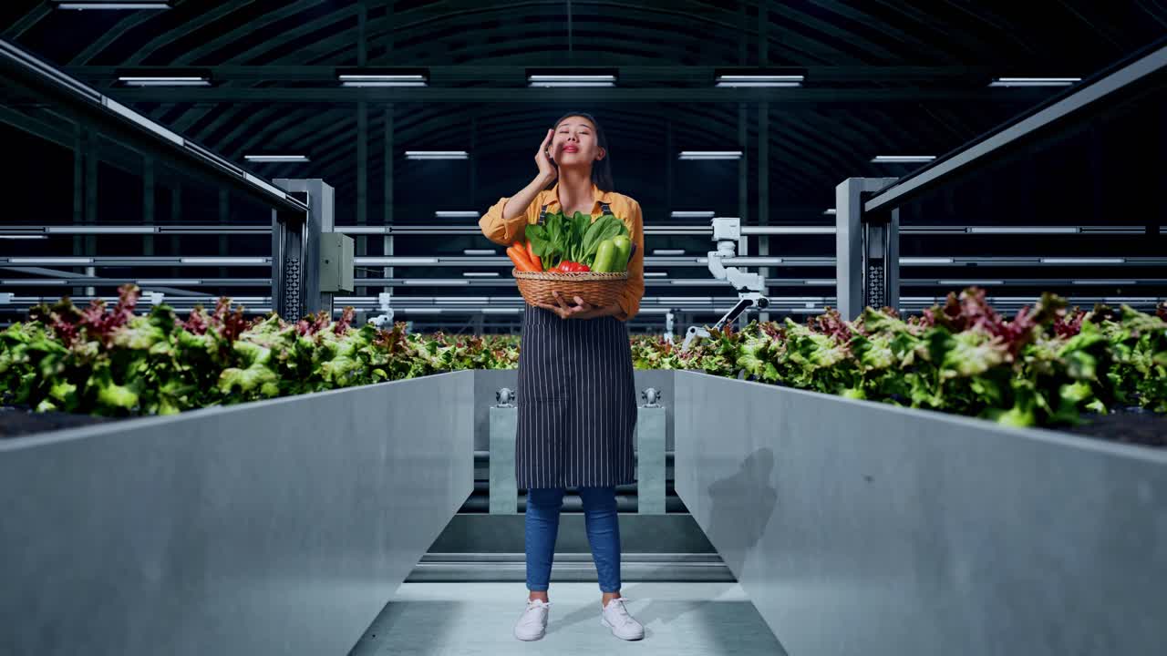 mujer en una granja cubierta sosteniendo una canasta de verduras frescas