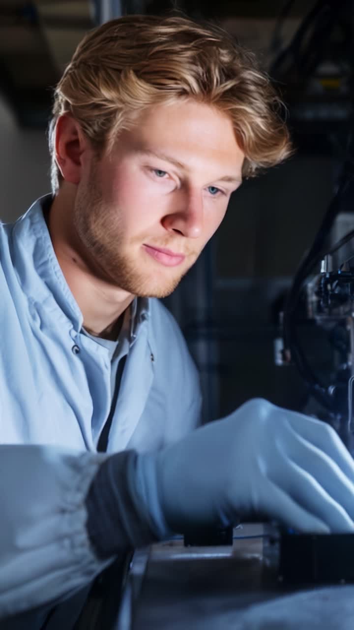 Gefocuste jonge onderzoeker in een laboratoriumomgeving, bezig met nauwkeurige experimenten en analyses met geavanceerde technologie in wetenschappelijk onderzoek