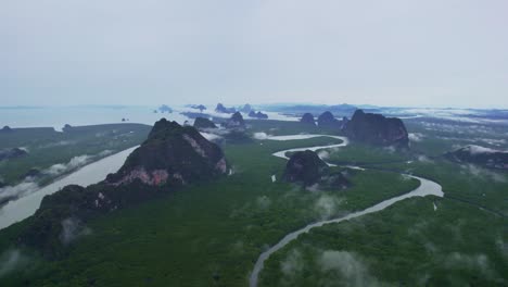 Magnificent-Views-Over-Phang-Nga-Bay-Mangroves-with-Limestone-Mountains-in-Thailand-with-an-Aerial-Drone