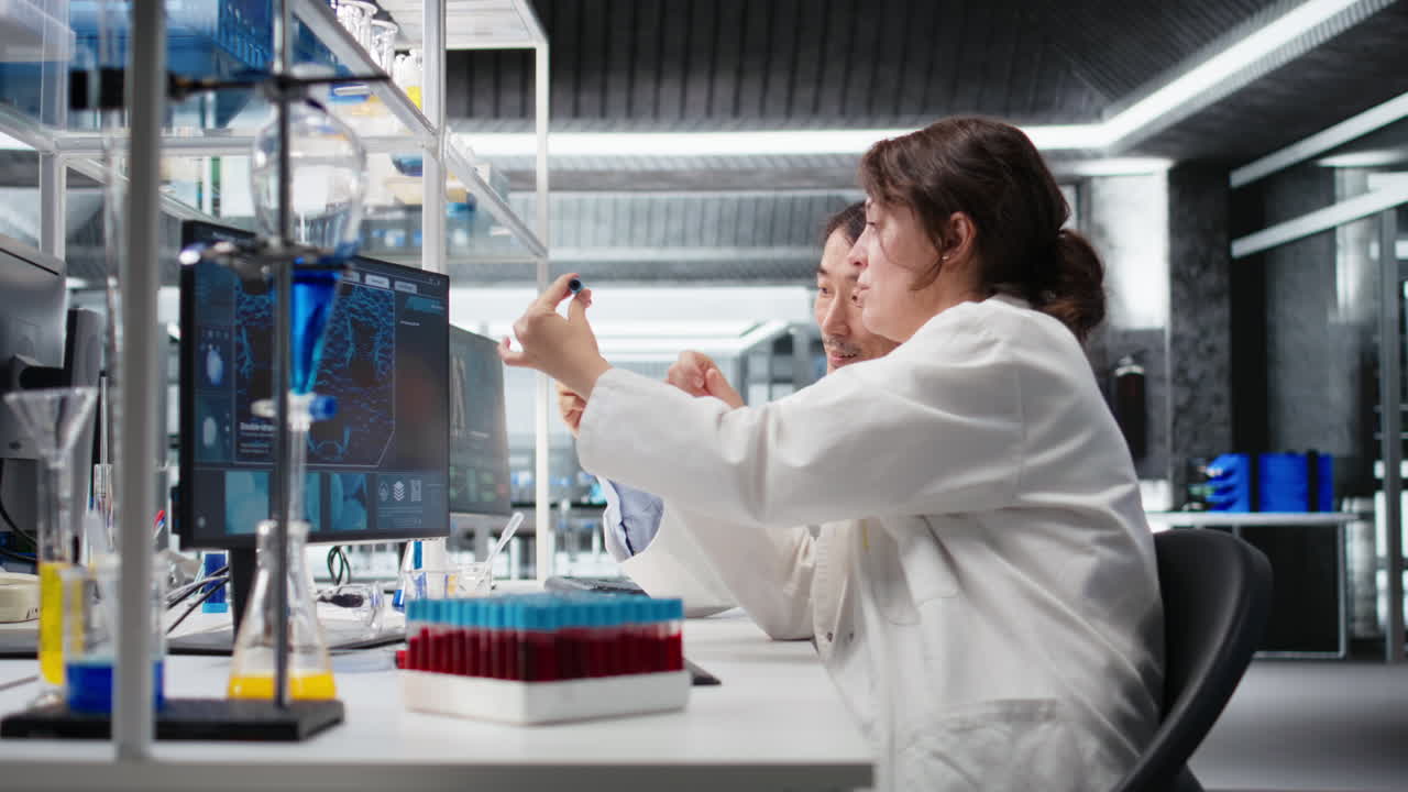 Vertical video Senior laboratory expert and trainee analyzing batch of blood samples