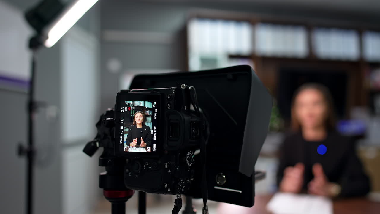 Confident female speaker wearing black jacket filming a video. Close up view of the professional camera recording a speaker.