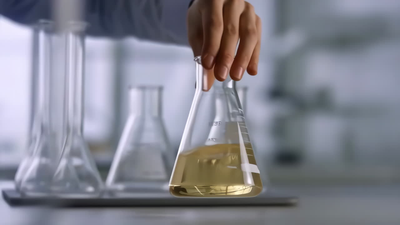 A hand holding an Erlenmeyer flask with a yellowish liquid in a laboratory setting