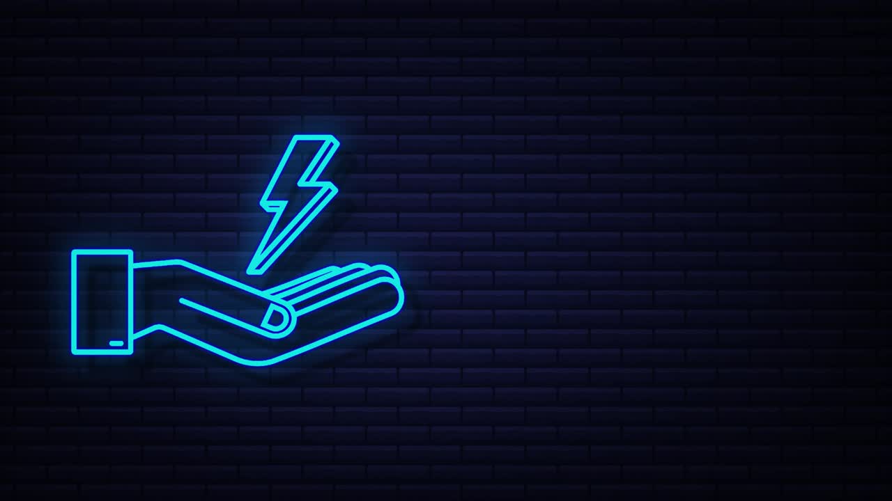 Neon Lightning bolt in hands. Thunder bolt, lighting strike expertise. motion graphic