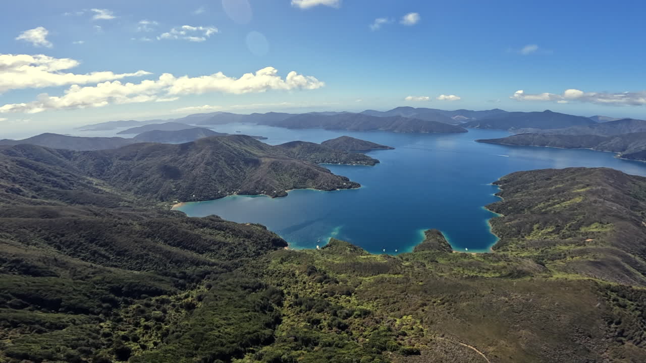 Aerial shot flying over the Marlborough sounds, near Ruakākā Bay New Zealand