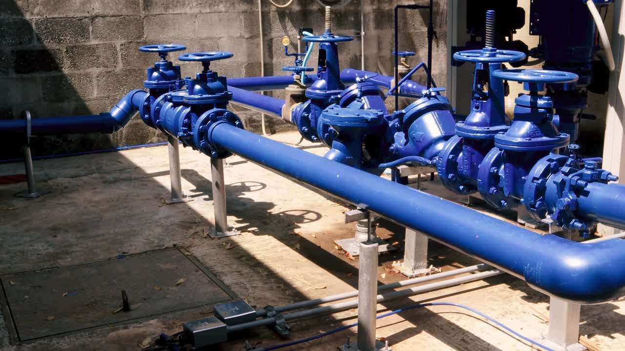 una toma de establecimiento de un sistema de riego industrial azul, una serie de válvulas de presión y bombas diseñadas para controlar el flujo de agua en un área, ciudad de panamá