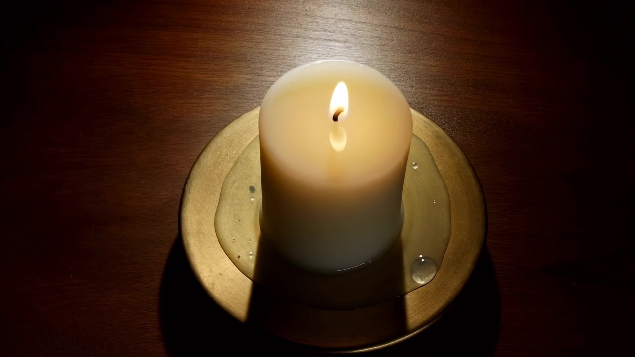 Vista obliqua dall'alto di una singola candela a colonna color avorio poggiata su un portacandele rotondo in ottone su un tavolo di legno scuro, con la fiamma che tremola dolcemente mentre la cera si scioglie, e bagliore e ombra che si diffondono delicatamente