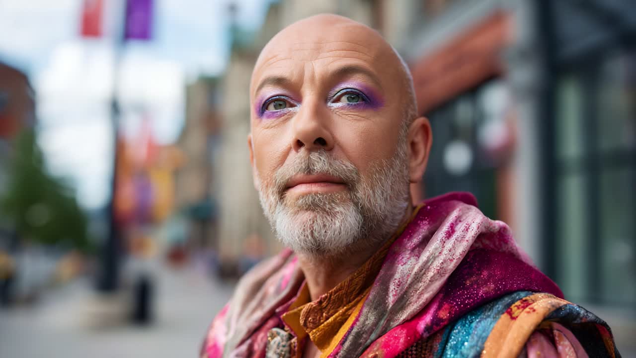 Un artista carismatico con un trucco appariscente e un abbigliamento colorato si erge sicuro di sé su una vivace strada cittadina, mostrando arte e individualità in un'atmosfera vivace
