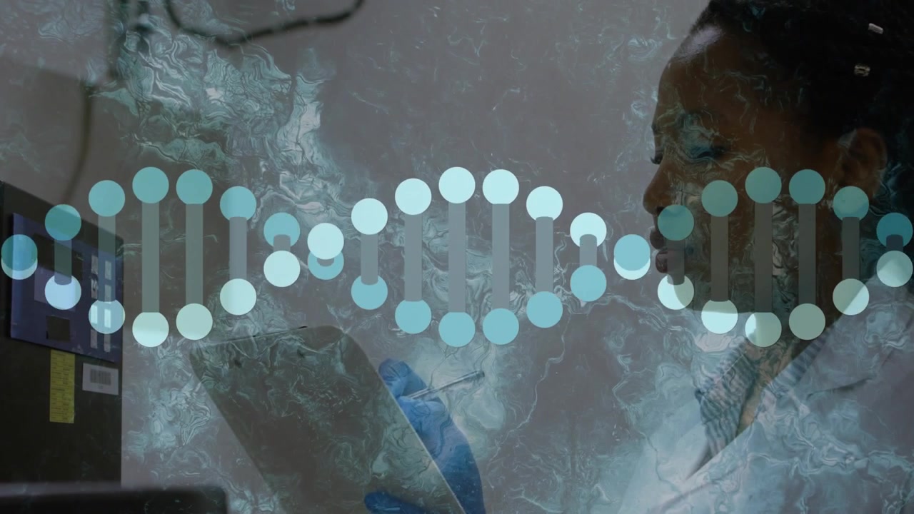Woman scientist checking instrument data, animated DNA helix fading in and expanding over tablet