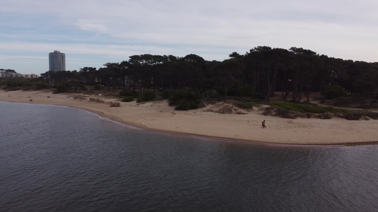 niño volando cometa en la playa al lado del río maldonado durante un día nublado en uruguay - tiro de seguimiento aéreo