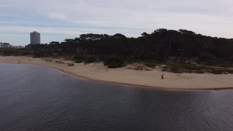 Child-flying-kite-at-beach-beside-Maldonado-River-during-cloudy-day-in-Uruguay---Aerial-tracking-shot