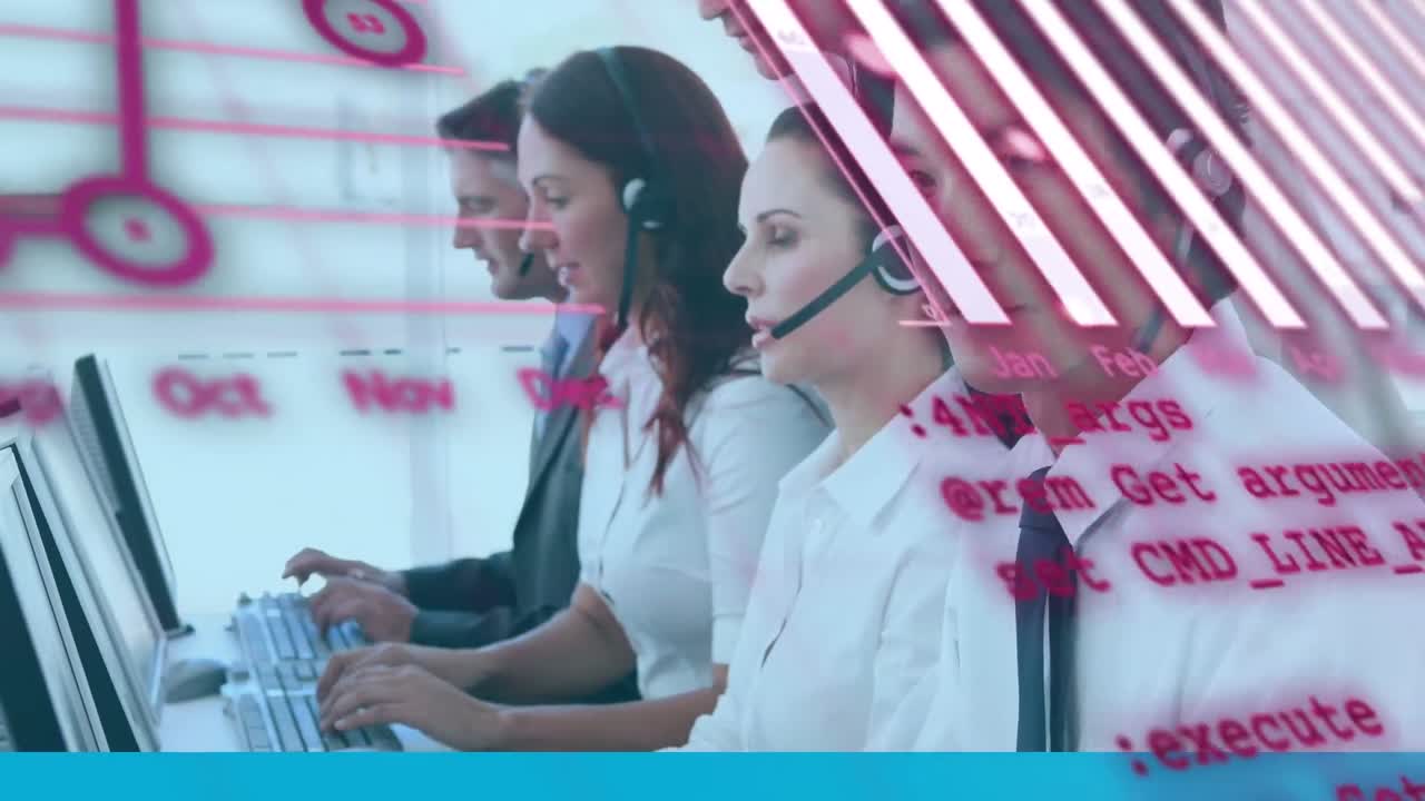 사무실에서 전화 헤드을 사용하는 다양한 비즈니스 사람들 사이의 데이터 처리의 애니메이션