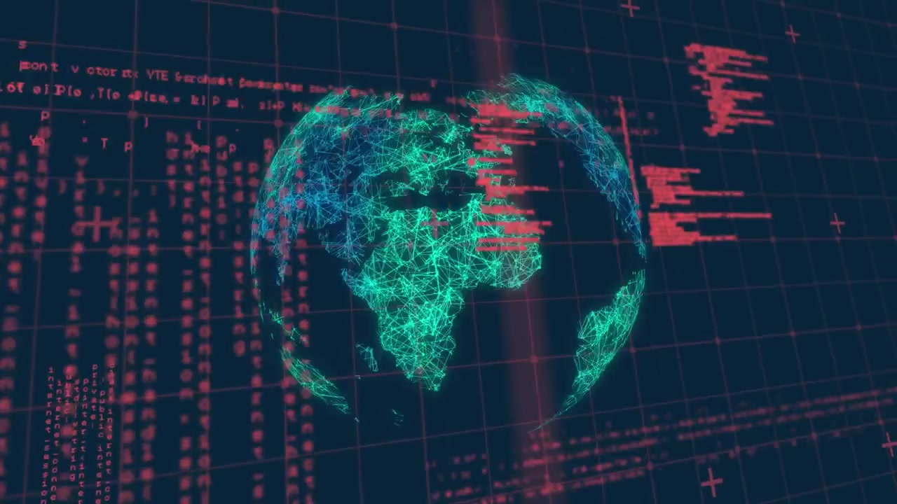 Animation of grid pattern, computer language over illuminated globe on black background