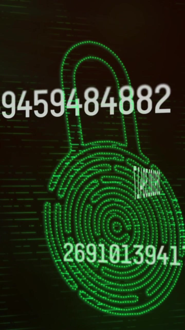 Animation of numbers changing data processing against online security padlock