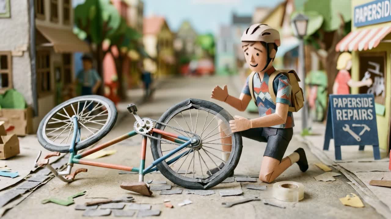 Menino de papercraft em stop motion consertando pneu de bicicleta furado