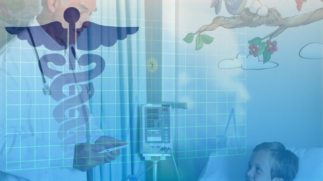 Animation of medical snake sign over caucasian male doctor with boy patient