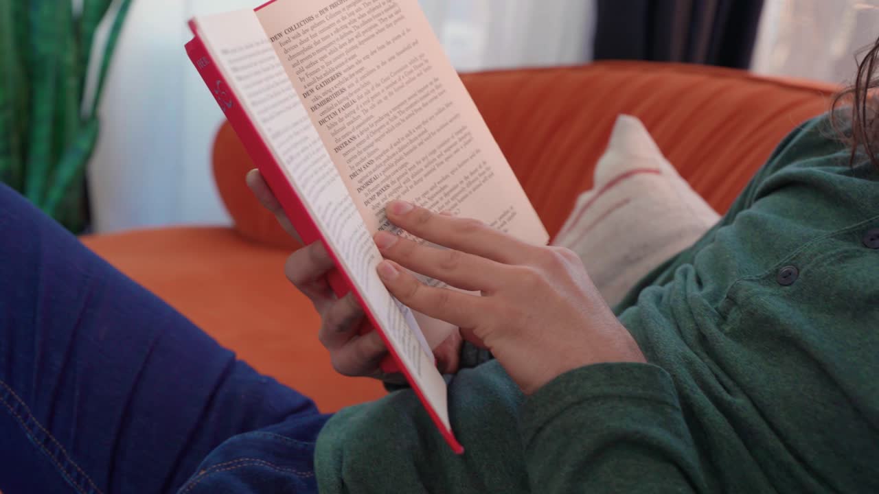 captura de pantalla de una persona con camisa verde de manga larga y jeans azules sentada en un sofá naranja leyendo un libro rojo