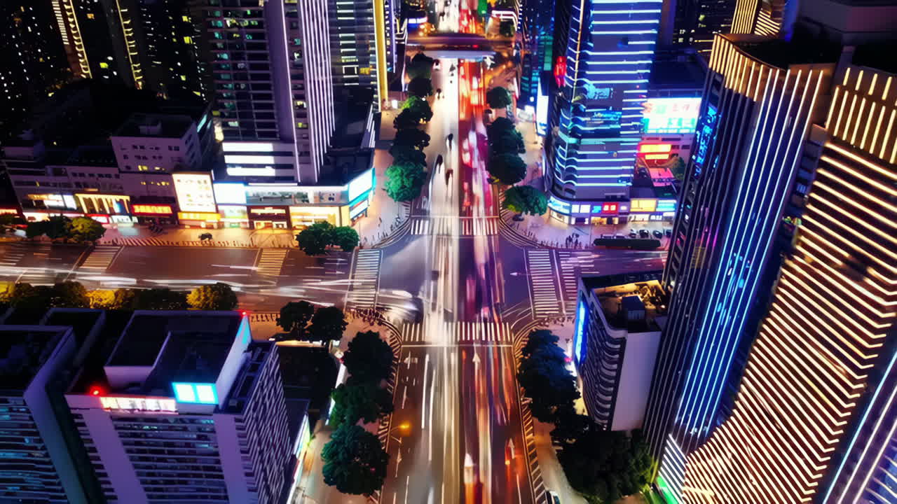 Night View of a Busy City Intersection