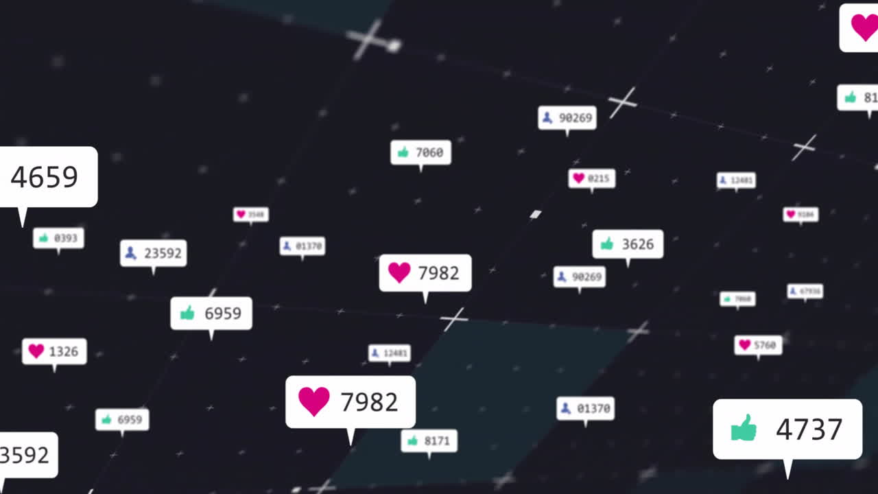 Floating white speech bubble displaying pink heart count drifting over dark grid in 3D render