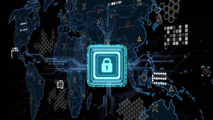 Animation of online security padlock, data processing and markers over world map