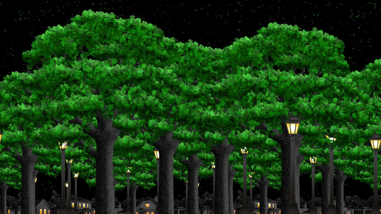 Animation of trees in the evening park with lanterns.