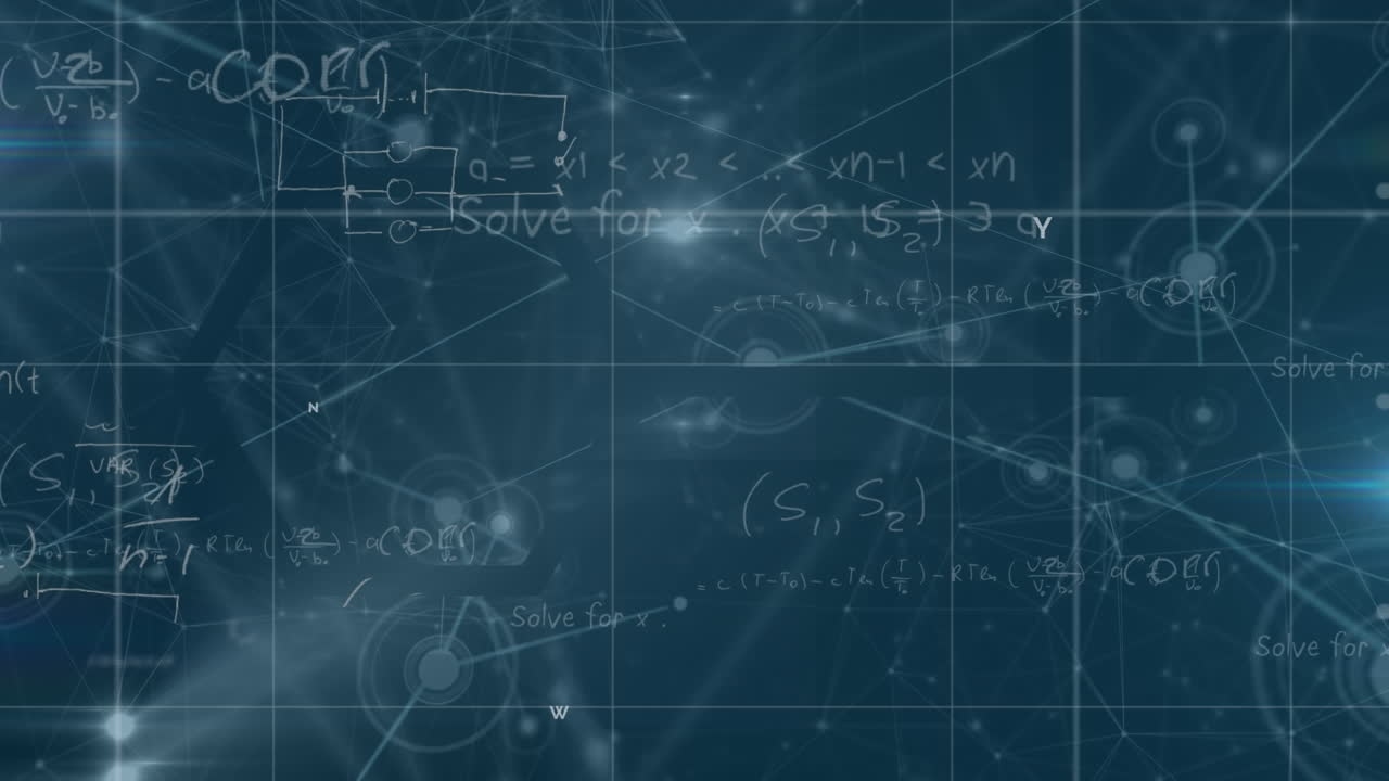 Animation of mathematical equations and data processing over black background