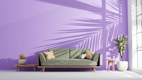 Moderno-Salón-De-Apartamento-Con-Sofá-Y-Sombras-De-Hojas-De-árbol-Moviéndose-En-La-Pared-Púrpura-Por-La-Suave-Brisa-Del-Viento-De-Verano-Que-Representa-La-Animación-Con-Luz-Cálida