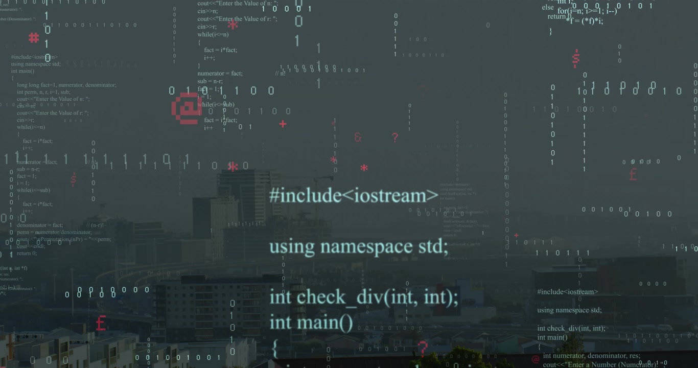 Opening on hazy skyline, binary digits, red symbols and C++ snippets cascading into data overlay
