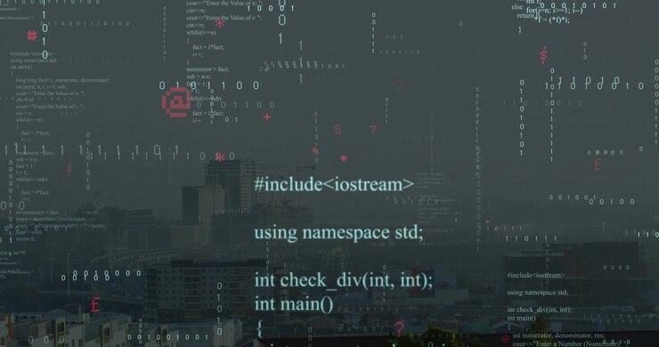 Opening on hazy skyline, binary digits, red symbols and C++ snippets cascading into data overlay