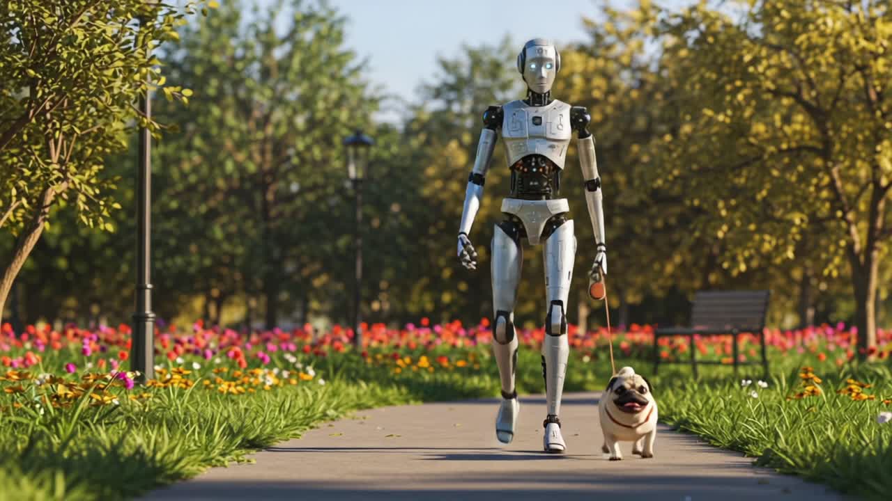 A Robotic Companion Taking a Leisurely Stroll in a Lush Park Surrounded by Colorful Flowers and a Playful Pug, Illustrating the Fusion of Technology and Nature