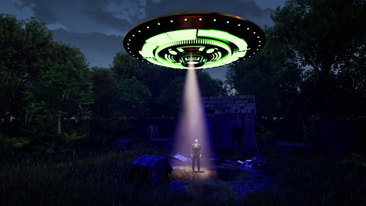 A UFO casting colorful lights, hovering above a man in black standing idle on a forest clearing, 3D animation, animated scenery, camera dolly up