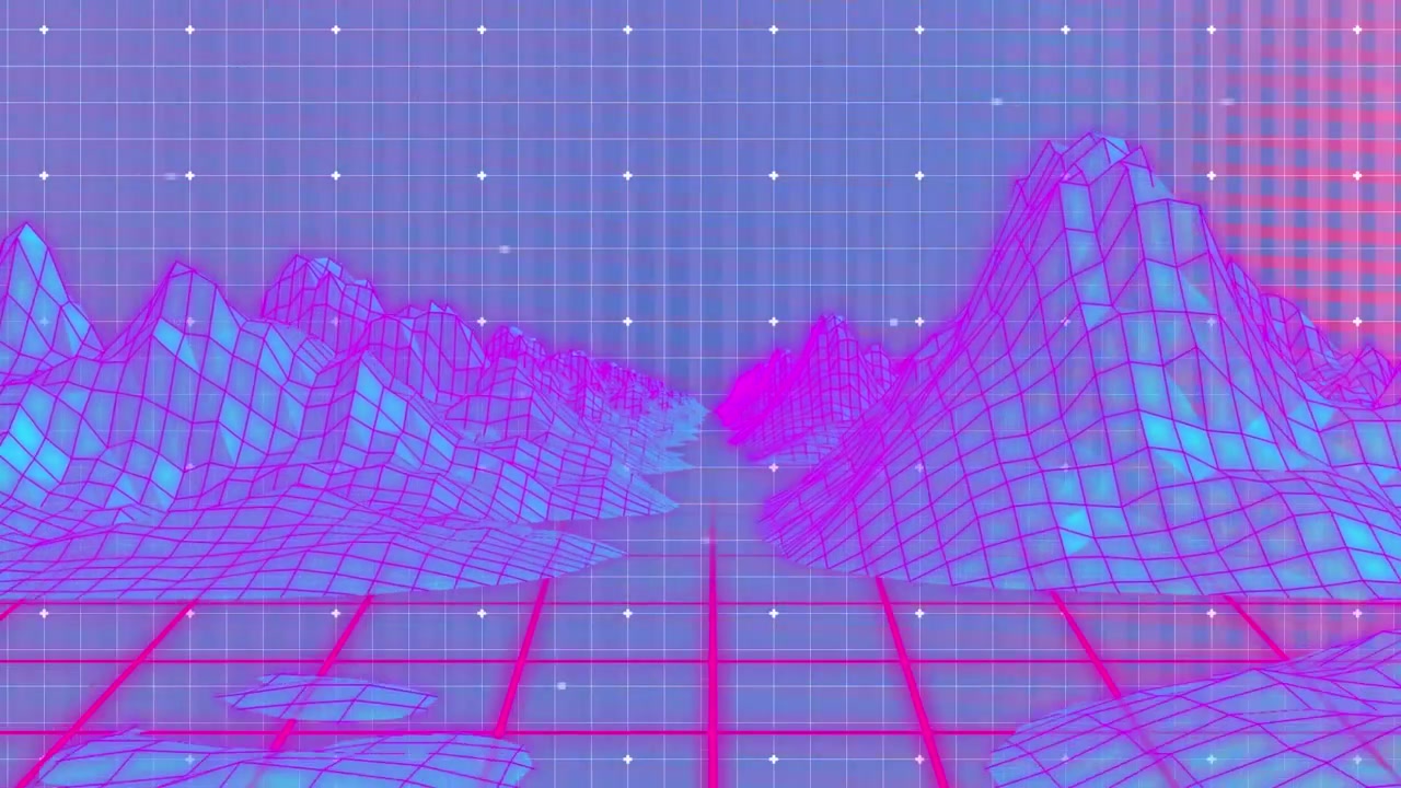 Animation of squares and mountains on blue background
