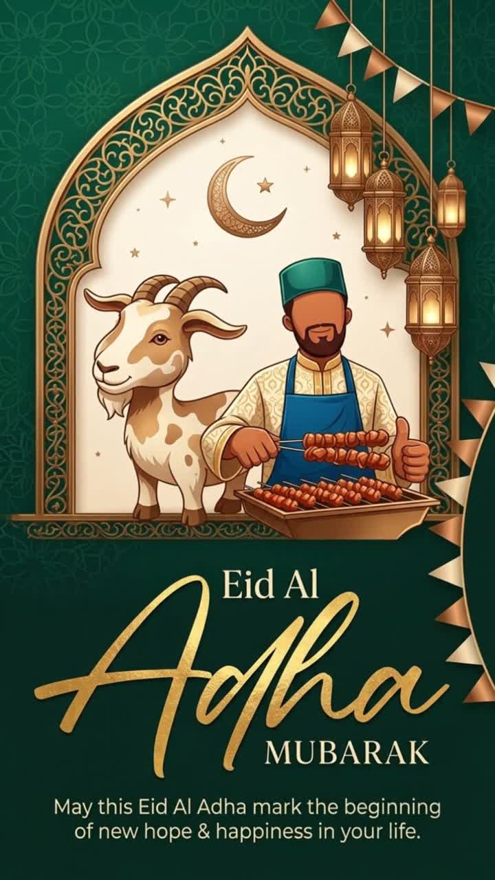 Animazione di auguri per l'Eid al-Adha con un venditore di capre sorridente che serve spiedini alla griglia sotto lanterne ornate su uno sfondo decorativo.