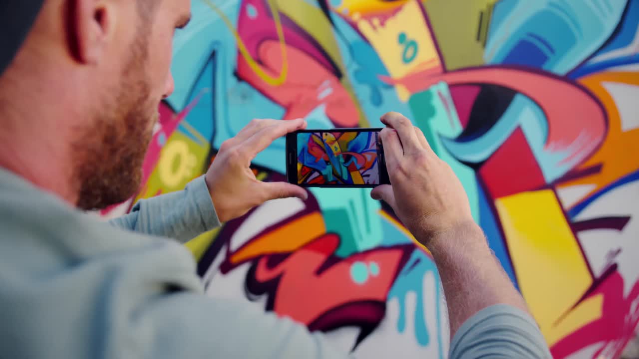 artista de graffiti tomando una foto de la pared de graffiti con el teléfono 4k