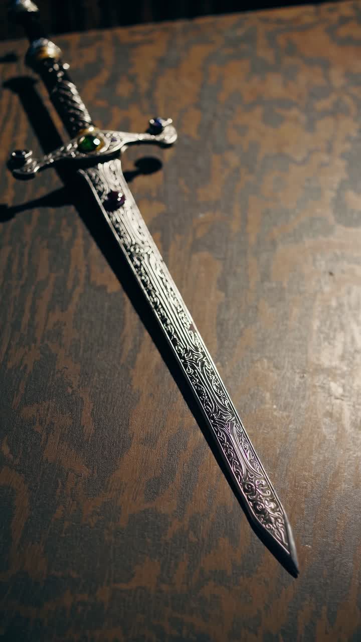 Close-up, angled shot of an ornate sword on a wooden surface, highlighting intricate details