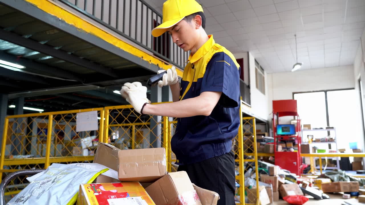 Employee in uniform, hands box with scanner barcode at warehouse product, stocktaking distribution. Manufacturing, barcode, cardboard package, QR code for delivery for supplier, supply chain logistics