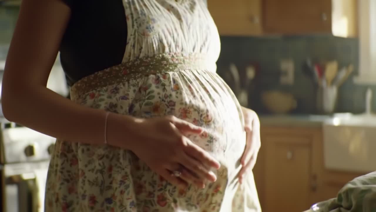 Capturing the Journey: A Glimpse into Pregnancy and Anticipation in a Warm Kitchen Setting, Showcasing the Beauty of Maternity and Everyday Life