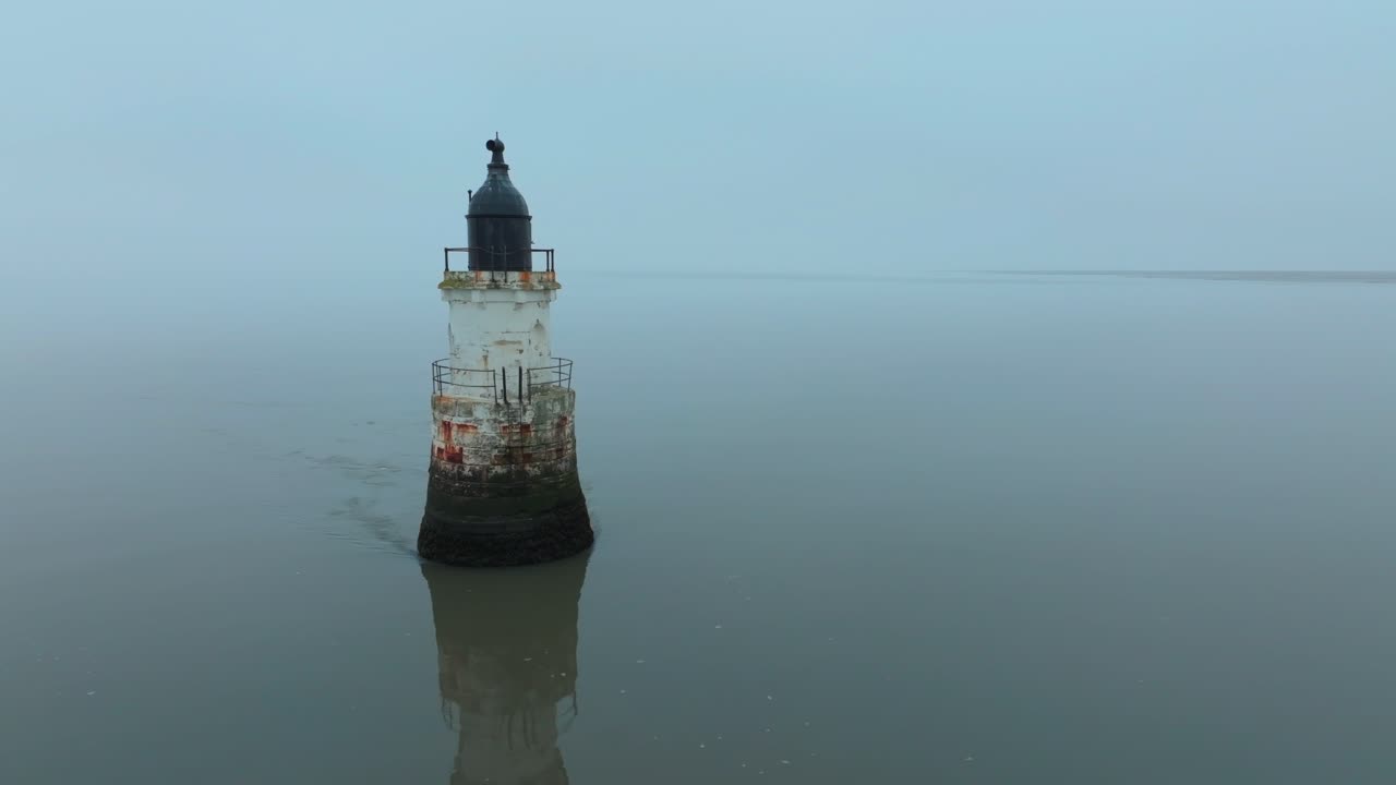 Old Derelict Rusted Lighthouse In Calm Water On Misty Evening. Camera Pullback Revealing Full Lighthouse Reflection. Plover Scar Lighthouse, Lancashire, UK