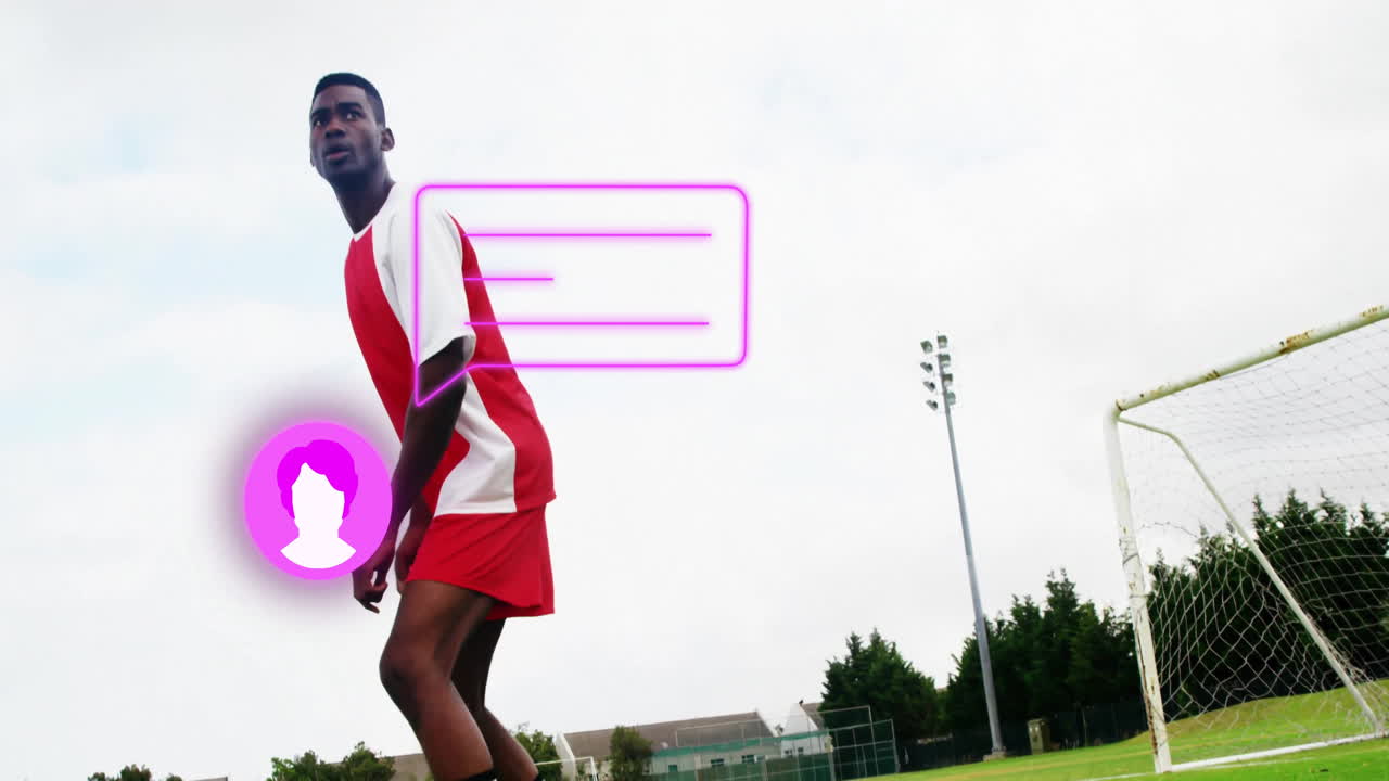 Soccer player on field with digital profile icons and text animation overlay