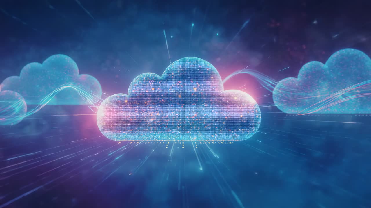 Materializing cloud icon beside clouds hovering grid floor sending neon data trails syncing