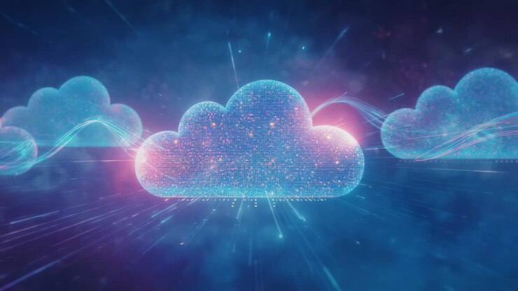 Materializing cloud icon beside clouds hovering grid floor sending neon data trails syncing