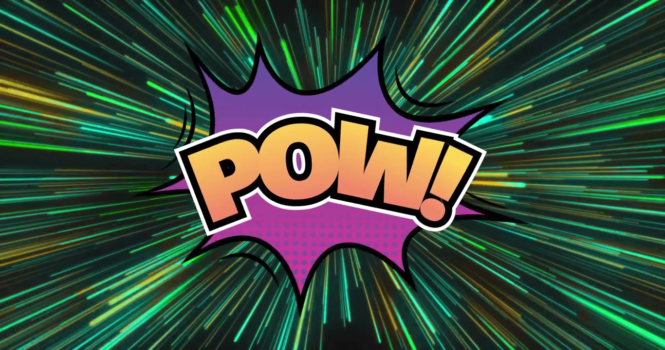 Animation of pow text over light trails on black background